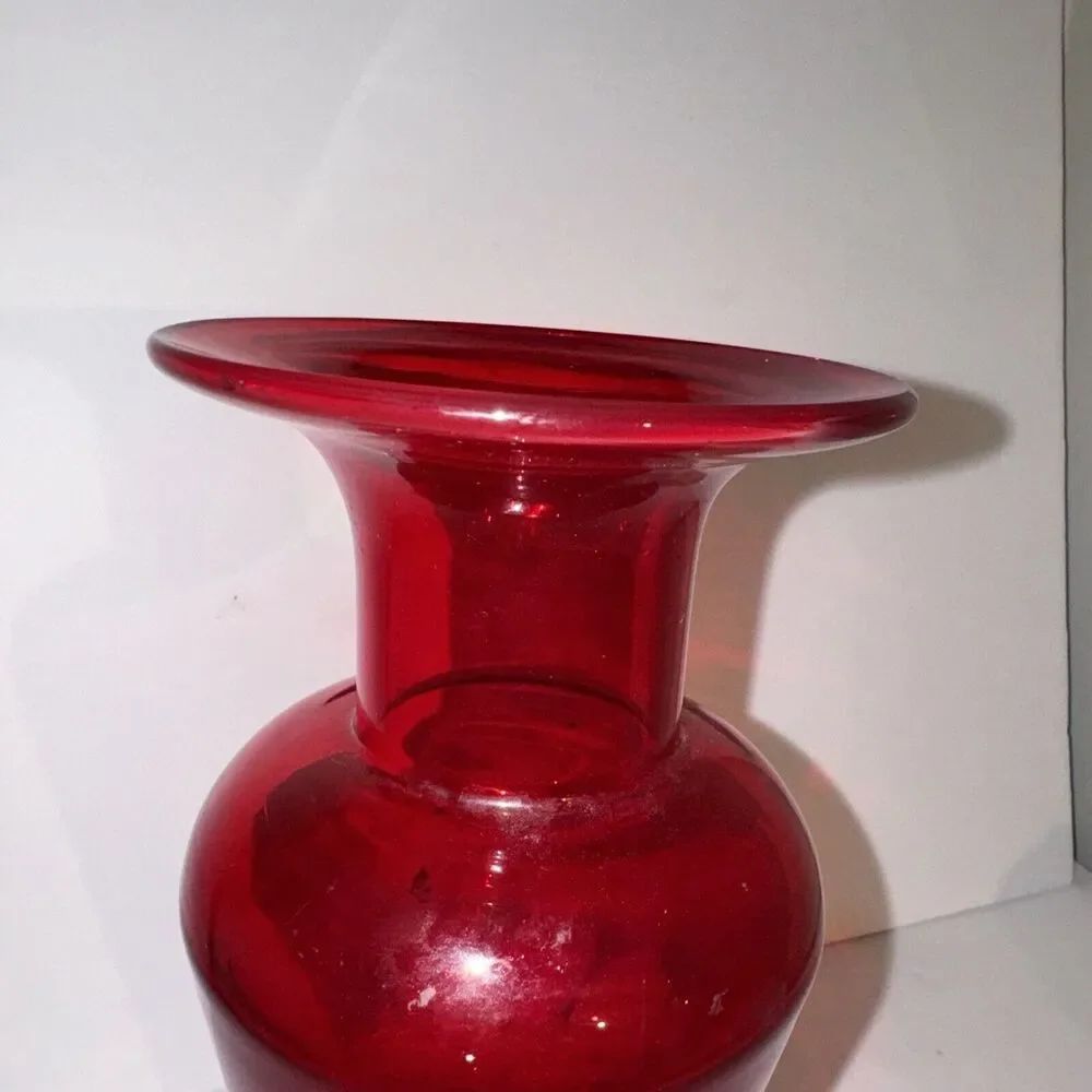 Margie's Garden Large Hand Blown Vase Ruby Red with White w/Label